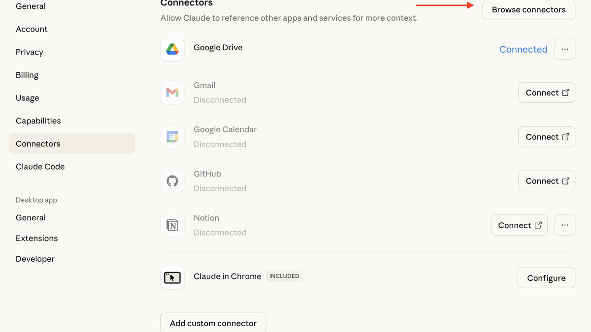 Claude Desktop Settings showing the Connectors menu with Browse connectors button highlighted