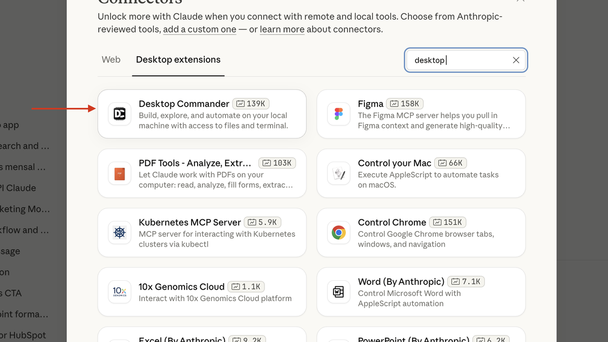 Claude Connectors browser showing Desktop Commander MCP server with 139K installs