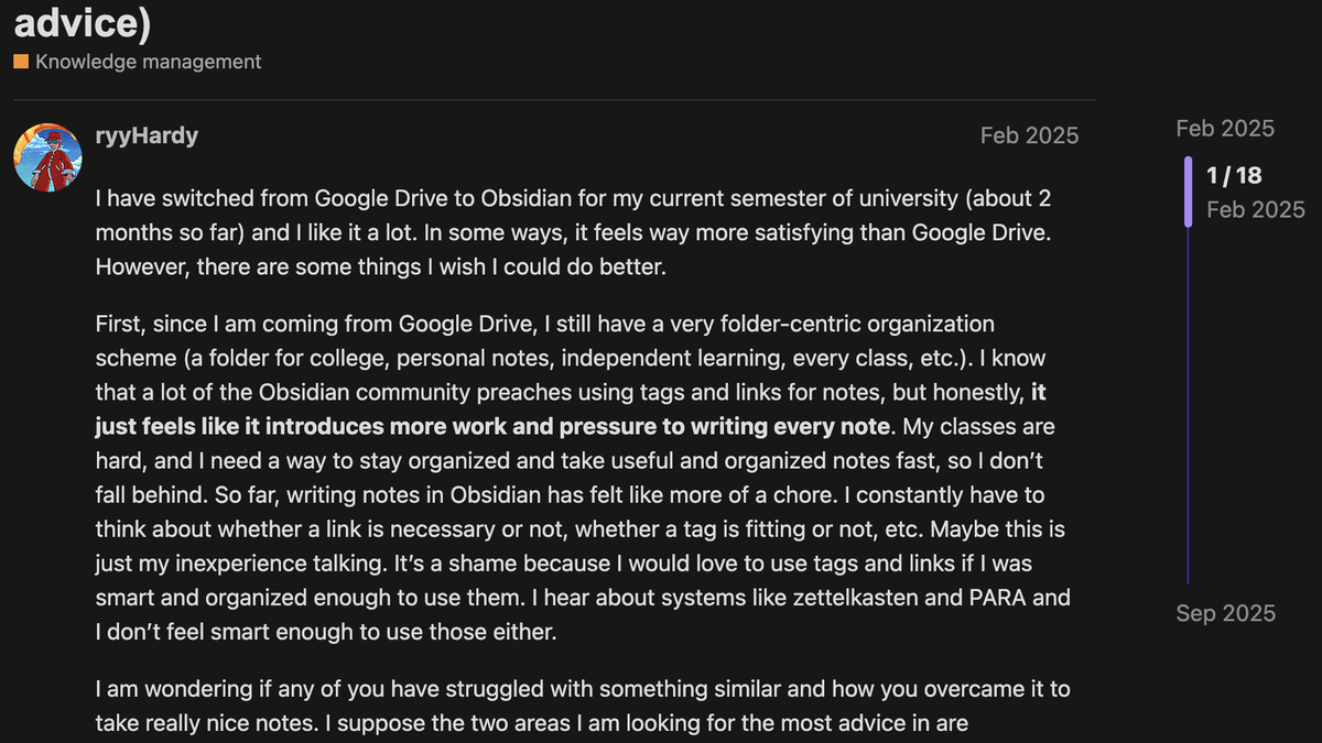 Obsidian forum post about organization struggles