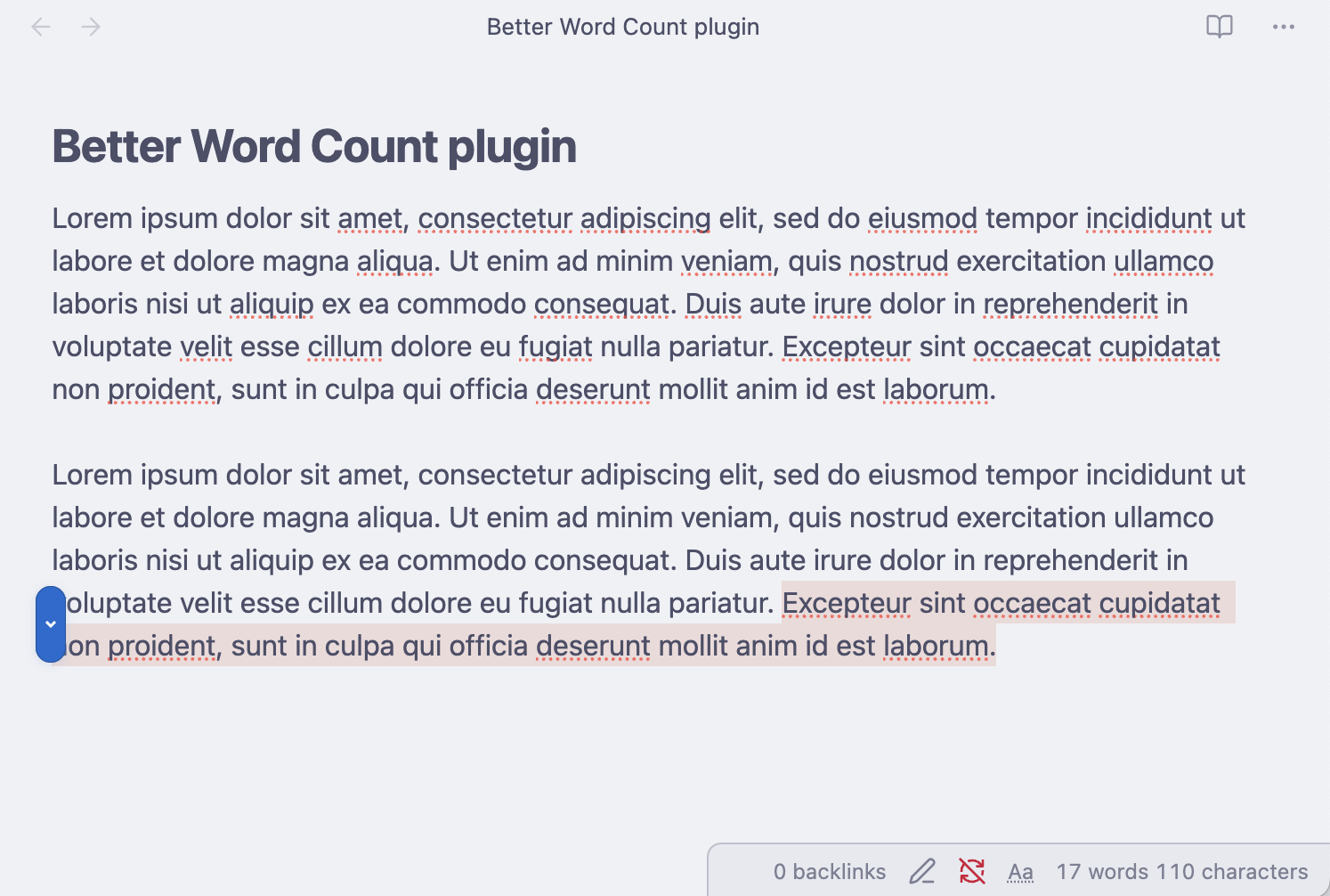 Better Word Count plugin showing word count for a highlighted section in Obsidian
