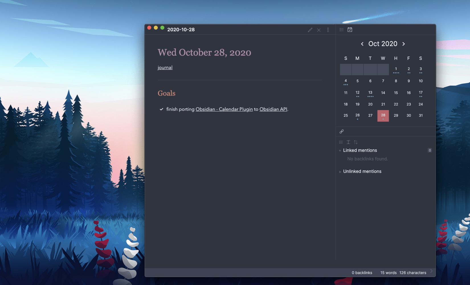 Obsidian Calendar plugin showing a monthly calendar view in a note