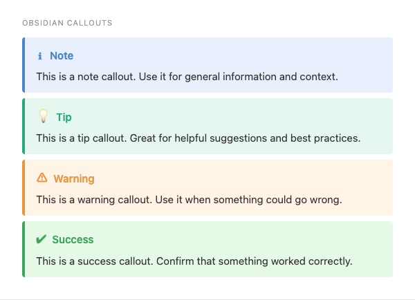 Callouts rendered in Obsidian — note, tip, warning, and success types