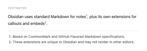 Footnotes rendered at the bottom of a note in Obsidian