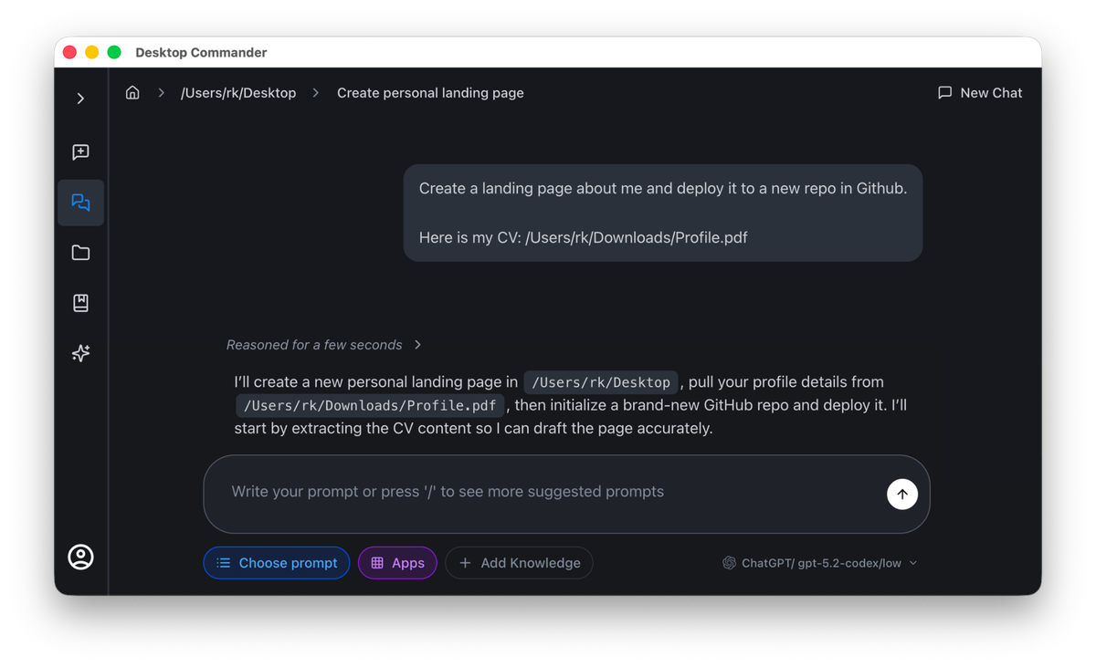 Desktop Commander prompt asking to create a landing page and deploy it to GitHub