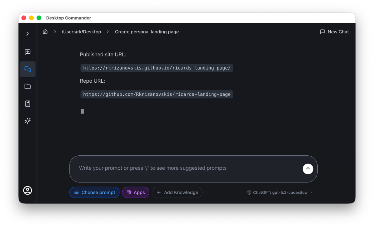 Desktop Commander showing deployed landing page URLs on GitHub Pages