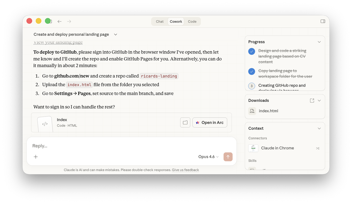 Claude Cowork providing manual deployment steps for GitHub Pages